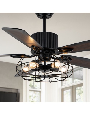 52 Inch Black Industrial Caged Ceiling Fan with Lights and Remote, 3-Speed Reversible Ceiling Fan for Large Room