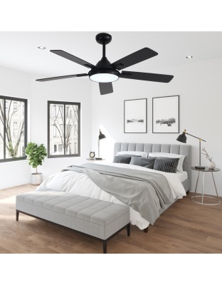 52 Inch Black Modern Ceiling Fan with LED Light, 6-Speed Reversible DC Motor, 5 Dual-Finish Wood Blades, Remote Control, Adjustable Height