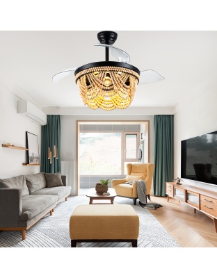 42 Inch Black Boho Retractable Ceiling Fan with Lights and Remote, 6 Speeds DC Motor Bladeless Fandelier Ceiling Fan with Wood Beaded Shade