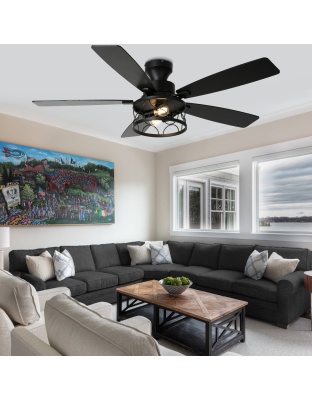 52 Inch Black Farmhouse Industrial Flush Mount Ceiling Fan with Lights and Remote, 6 Speeds DC Motor Reversible Low Profile Ceiling Fan