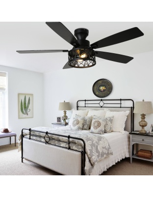 52 Inch Industrial Flush Mount Ceiling Fan with Lights and Remote Control, 6 Speeds Reversible Caged Ceiling Fan for Low Profile