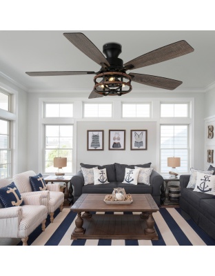 52 Inch Farmhouse Flush Mount Ceiling Fan with Lights and Remote, 6 Speeds DC Motor Reversible Low Profile Ceiling Fan for Living Room