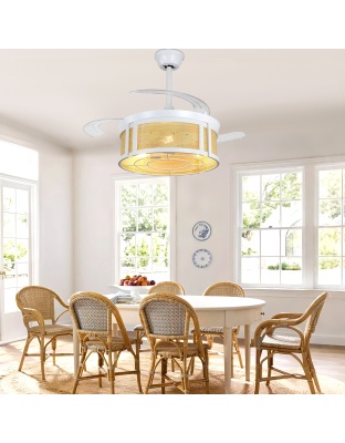 42 Inch White Rattan Retractable Ceiling Fan with Lights and Remote, 6 Speeds DC Motor Bladeless Fandelier Ceiling Fan for Bedroom