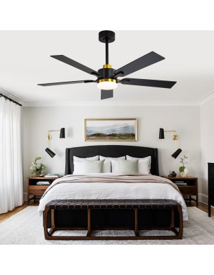 52 Inch Modern Ceiling Fan with LED Light and Remote Control, 6 Speeds Quiet DC Motor Black and Gold Ceiling Fan for Living Room