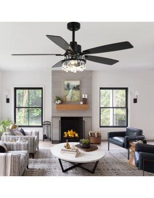 52 Inch Modern Glam Crystal Ceiling Fan with Light and Remote, 6-Speed Reversible DC Motor Large Ceiling Fan for Living Room
