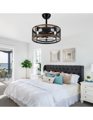 20 Inch Farmhouse Industrial Cage Ceiling Fan with Light and Remote, 6-Speed Reversible DC Motor Fandelier Bladeless Ceiling Fan
