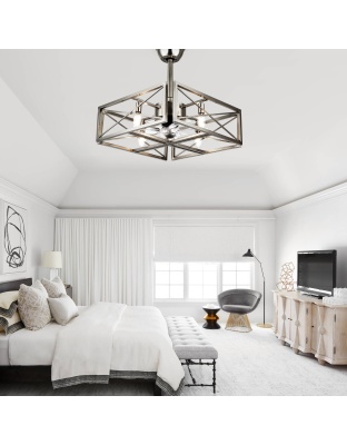 20 Inch Nickel Industrial Ceiling Fan with Remote Control, 3-Speed Reversible Bladeless Fandelier Ceiling Fan for Bedroom