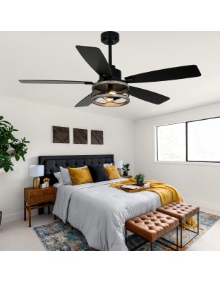 52 Inch Black Farmhouse Ceiling Fan with Lights and Remote Control, 6 Speeds DC Motor Reversible Caged Ceiling Fan