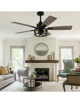52 Inch Industrial Wood Grain Caged Ceiling Fan with Remote and Reversible Blades, 6-Speed Ceiling Fan with Lights