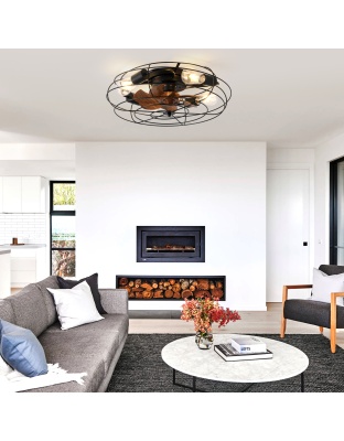 20 Inch Farmhouse Industrial Flush Mount Ceiling Fan with Lights and Remote, 6 Speeds DC Motor Bladeless Caged Ceiling Fan for Bedroom
