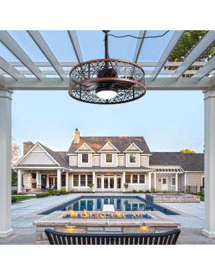 24 Inch Farmhouse Outdoor Waterproof Ceiling Fan with LED Light and Remote, 6 Speeds Black Plug In Caged Outdoor Fan Light