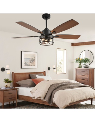 52 Inch Black Modern Ceiling Fan with Lights and Remote Control, 6 Speeds DC Motor Reversible Ceiling Fan for Living Room