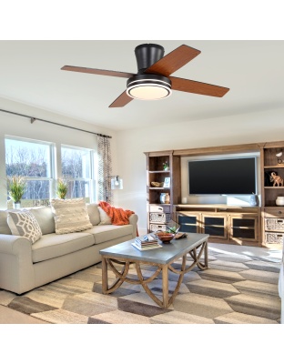 44 Inch Black/Chrome Modern Flush Mount Ceiling Fan with Dimmable LED Lights and Remote, 6 Speeds DC Motor Low Profile Ceiling Fan