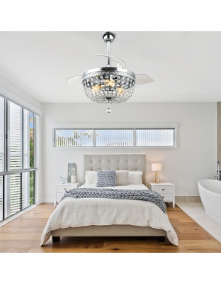 42 Inch Chrome Modern Glam Crystal Retractable Ceiling Fan with Lights and Remote Control, 6 Speeds DC Motor Fandelier Ceiling Fan