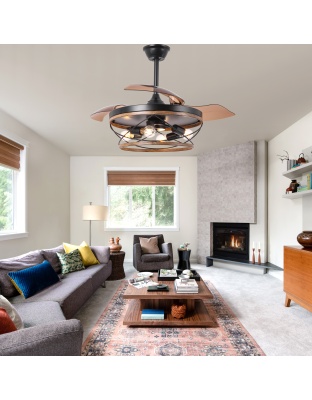 42 Inch Farmhouse Retractable Ceiling Fan with Lights and Remote Control, 6 Speeds Reversible Bladeless Ceiling Fan for Bedroom