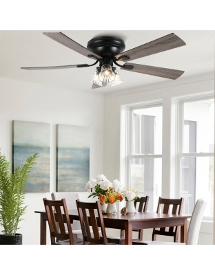 52 Inch Black Farmhouse Flush Mount Ceiling Fan with Lights and Remote Control, 6 Speeds DC Motor Low Profile Ceiling Fan with Glass Shade