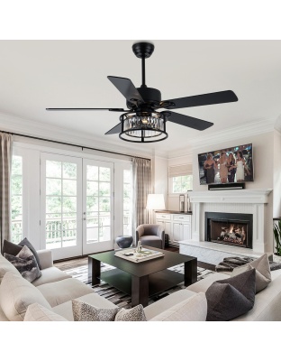 52 Inch Modern Glam Crystal Ceiling Fan with Lights and Remote, 6 Speeds DC Motor Black Reversible Ceiling Fan with Crystal Cage