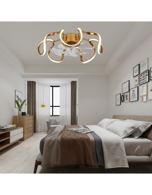20 Inch Gold/Brown Irregular Flush Mount Ceiling Fan with LED Light and Remote, 6 Speeds DC Motor Reversible Bladeless Ceiling Fan