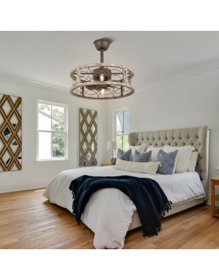18 Inch Farmhouse Distressed Metal Caged Ceiling Fan with Lights and Remote, 6 Speeds DC Motor Bladeless Fandelier Ceiling Fan