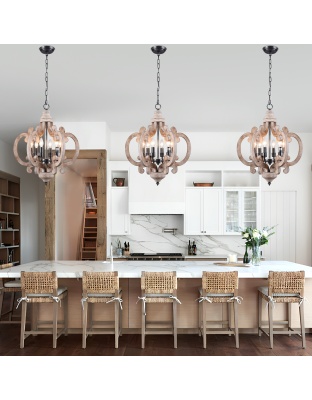 6-Light Distressed Wood French Country Vintage Geometric Chandelier with Adjustable Chain, Farmhouse Solid Wooden Chandelier