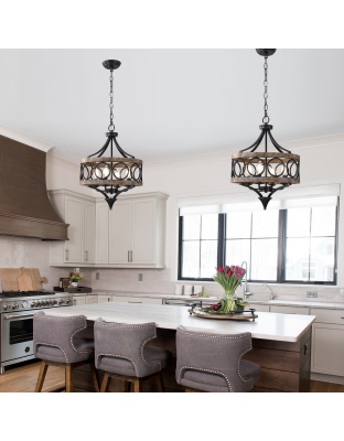 4 - Light Farmhouse Sol Wood Chandelier, 16" Rustic Geometric Chandelier Wood Cage Lantern Pendant Lights