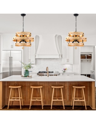6-Light Farmhouse Weathered Wood Chandelier, 20" 3-Tiered Wooden Chandelier, Rustic Pendant Light for Dining Room