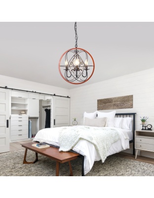 4-Light Crystal Sphere Chandelier, 16.5" Orb Globe Chandelier with Wood Grain Ring, Modern Crystal Chandeliers for Entryway