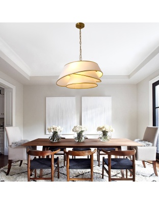 4-Light Mid Century Modern Drum Chandelier, Three-Tier Gold Chandelier with Fabric Shades, Modern Drum Light Fixtures for Dining Room