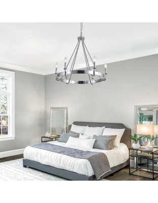 6 - Light Chrome Farmhouse Wagon Wheel Chandelier,  28 Inch Industrial Rustic Vintage Round Kitchen Island Pendant Light for Dining Room