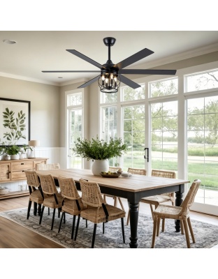 52 Inch Rustic Black Ceiling Fan with Lights and Remote, 6-Speed DC Motor Reversible Farmhouse Industrial Ceiling Fan