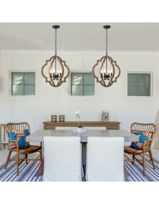 Vintage Farmhouse 22 Inch Chandelier Adjustable Height 4 Light Caged Chandelier Retro Handmade Wooden Pendant Light Suit for Living Rooms, Bedrooms, Kitchens