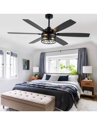 Modern 60 Inch Industrial Caged Ceiling Fan with Light Reversible Quiet DC Motor with 6 Speed Remote Control Ceiling Fan Adjustable Down Rodes Ceiling Fan with Light Suit for Bedroon,Living Room
