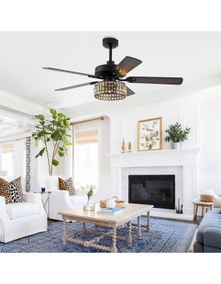 Luxury 52 Inch Crystal Caged Ceiling Fan with Light Reversible Wood Blades Quiet DC Motor Ceiling Fan Remote Control Timing Ceiling Fan Suit for Living Room, Kitchen, Bedroom