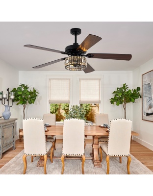 Luxury 60 Inch Crystal Caged Ceiling Fan with Light Reversible Quiet DC Motor and Remote Control Ceiling Fan Wood Blades Ceiling Fan Suit for Bedroom, Living Room, Kitchen